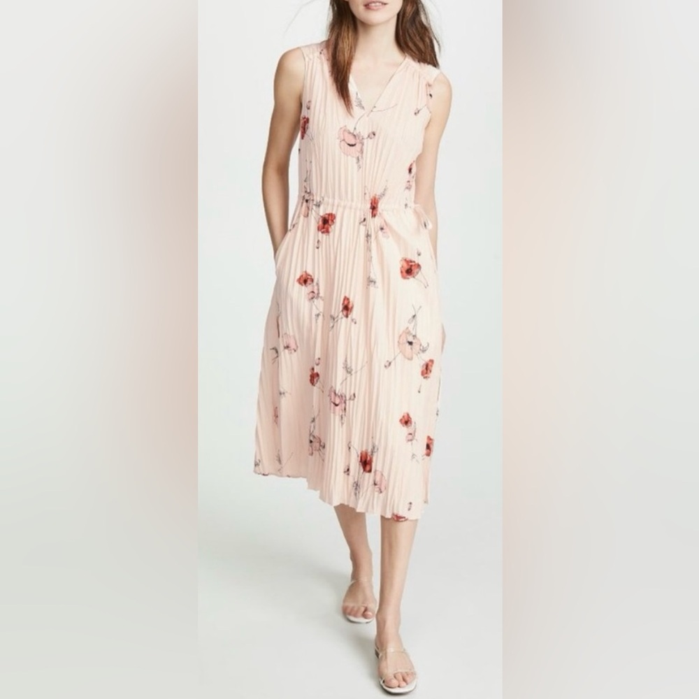 Vince Womens Tossed Poppy Pink V Neck Pleated Midi Sleeveless Dress Size Large